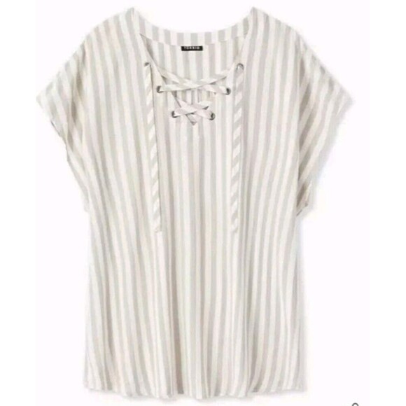 Torrid Lace Up Top Plus Size 3X Taupe Stripe Dolman Sleeve Rayon Shirt Blouse - Picture 4 of 6